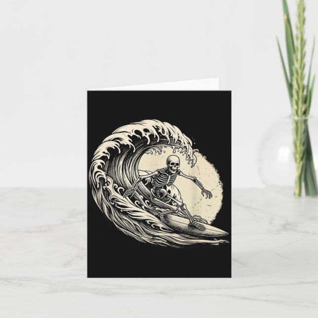 Skeleton Surfer Vintage Big Wave Surfing Funny Card (Front)