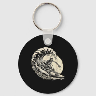 Skeleton Surfer Vintage Big Wave Surfing Funny Key Ring