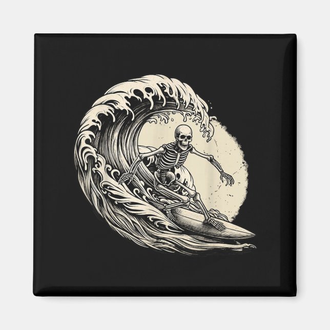 Skeleton Surfer Vintage Big Wave Surfing Funny Magnet (Front)