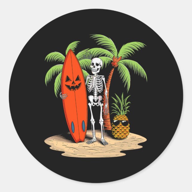 Skeleton Surfing Halloween Beach Vibe Fun  Classic Round Sticker (Front)