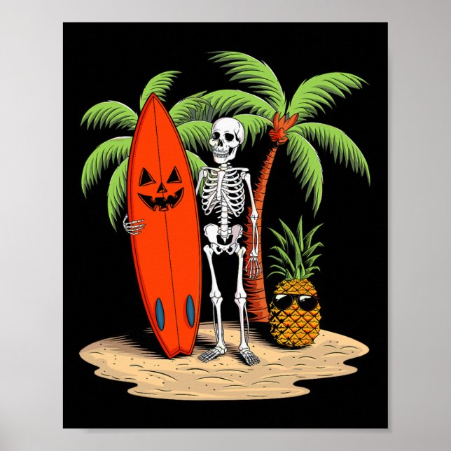 Skeleton Surfing Halloween Beach Vibe Fun  Poster (Front)