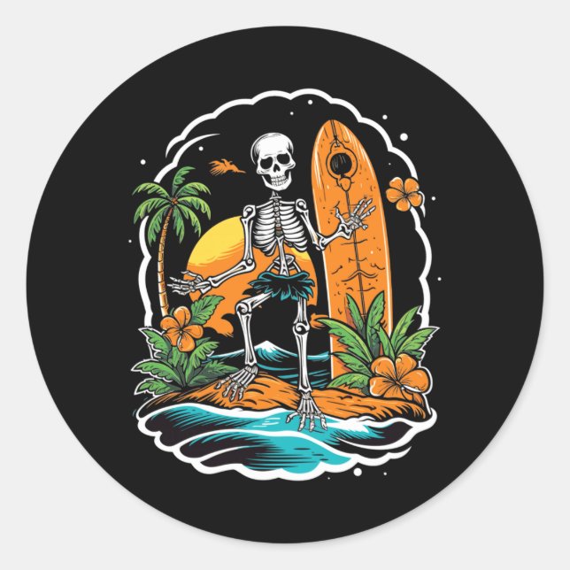 Skeleton Surfing Halloween Hawaii Performance Classic Round Sticker (Front)