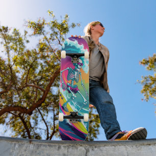 Skeleton Surfing Neon Colourful Summer Skateboard