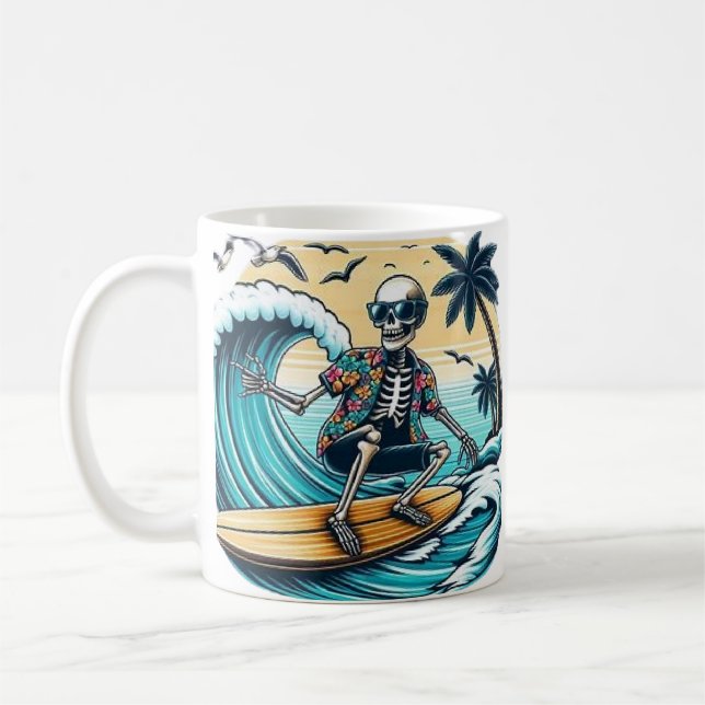 Skeleton surfing on a beach coffee mug (Left)