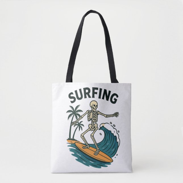 Skeleton Surfing Retro Beach Wave Design Tote Bag (Front)