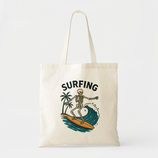 Skeleton Surfing Retro Beach Wave Design Tote Bag (Front)