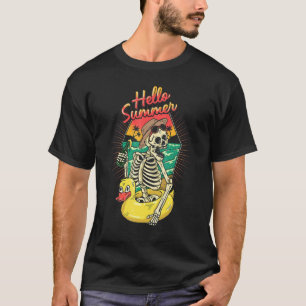 Skeleton Swimming Float Hello Summer Beach Sunset T-Shirt
