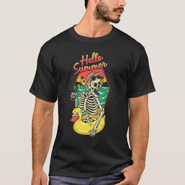 Skeleton Swimming Float Hello Summer Beach Sunset  T-Shirt (Front)