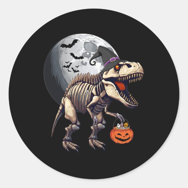 Skeleton T Rex Dinosaur Fun Halloween Pumpkin Boys Classic Round Sticker (Front)