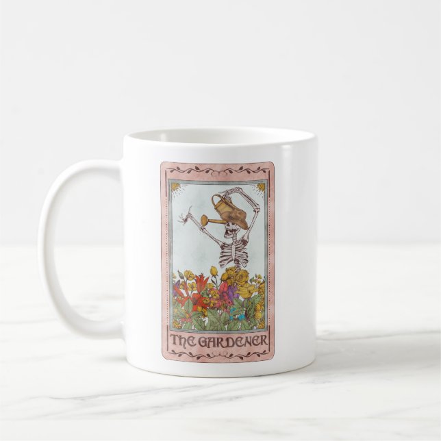 Skeleton Tarot Card The Gardener Flowers Funny Coffee Mug (Left)