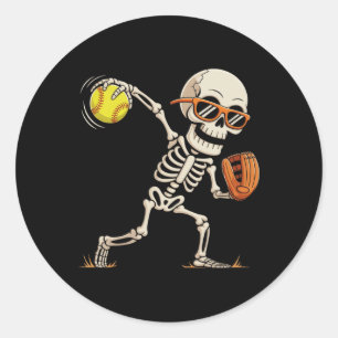 Skeleton Throwing Softll Halloween Sports Players  Classic Round Sticker