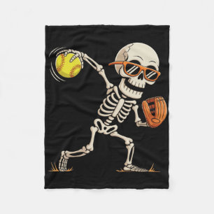 Skeleton Throwing Softll Halloween Sports Players Fleece Blanket