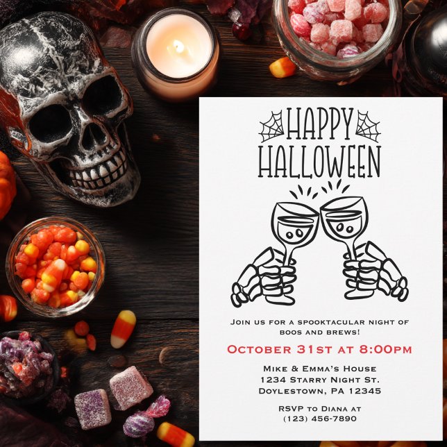 Skeleton Toasts Wine Simple Fun Halloween  Invitation (Creator Uploaded)