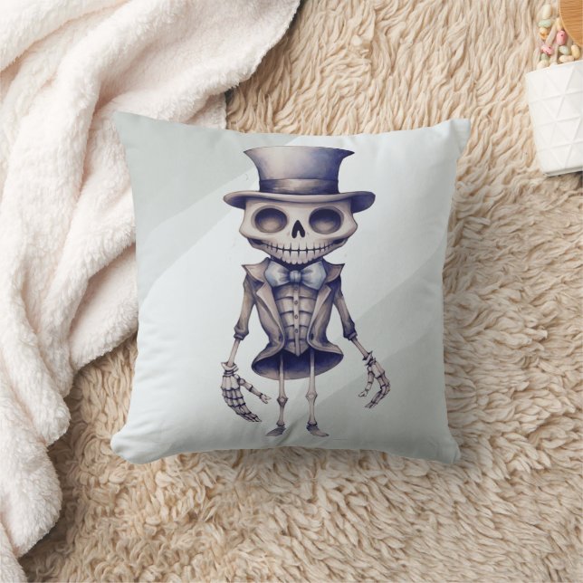 Skeleton Top Hat Bow Tie Grey Halloween Cushion (Blanket)