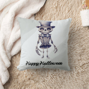 Skeleton Top Hat Bow Tie Grey Happy Halloween Cushion