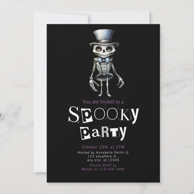 Skeleton Top Hat Bow Tie Spooky Halloween Party Invitation (Front)