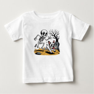 Skeleton vs French Bulldog – Funny Halloween Chase Baby T-Shirt