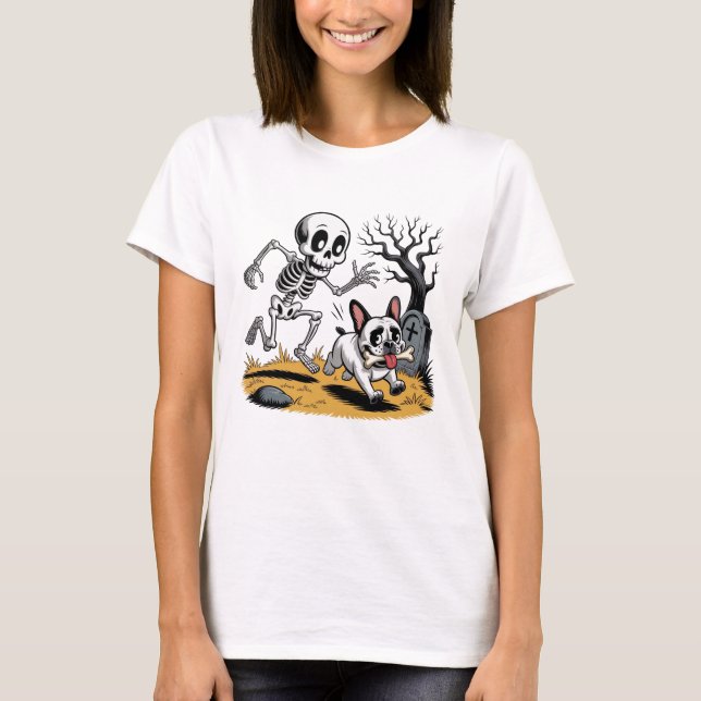 Skeleton vs French Bulldog – Funny Halloween Chase T-Shirt (Front)