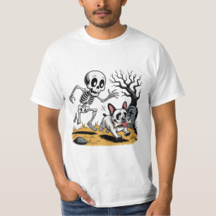 Skeleton vs French Bulldog – Funny Halloween Chase T-Shirt