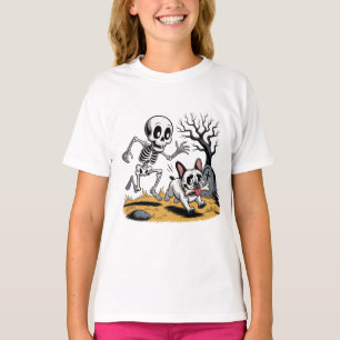 Skeleton vs French Bulldog – Funny Halloween Chase T-Shirt