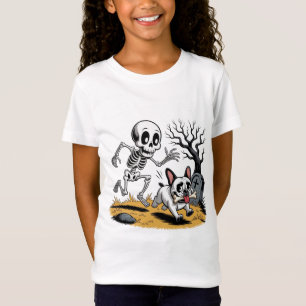 Skeleton vs French Bulldog – Funny Halloween Chase T-Shirt