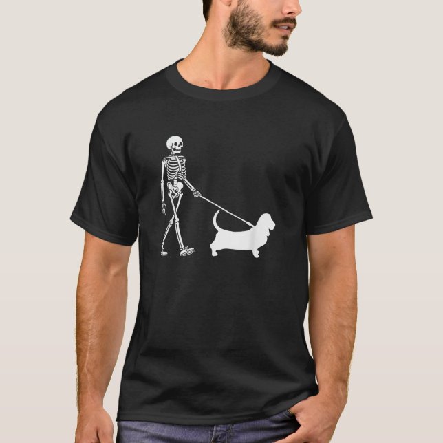 Skeleton Walking a Dog Basset Hound Halloween Outf T-Shirt (Front)