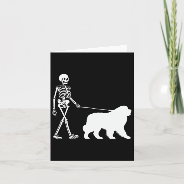 Skeleton Walking A Newfoundland Dog Halloween Outf Card (Front)