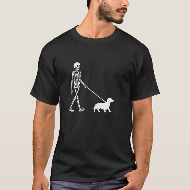 Skeleton Walking a Weiner Dog Dachshund Dad Hallow T-Shirt (Front)