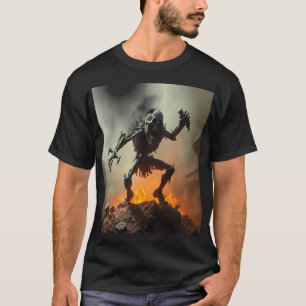 Skeleton Warrior in a Burning Battlefield T-Shirt