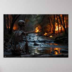 Skeleton Watching a Forest Fire Down the River Poster