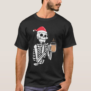 Skeleton Wear Santa Hat Drinking Coffee Funny Chri T-Shirt