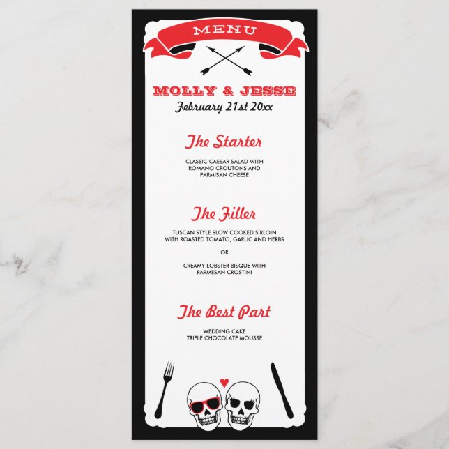 Skeleton Wedding Dinner Menu - Black and Red (Front)