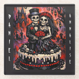 Skeleton Wedding, gothic Lovers Embrace  Glass Coaster