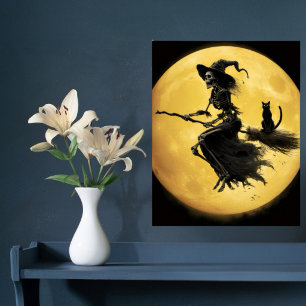 Skeleton Witch Cat Moon Scary Horror Halloween Poster