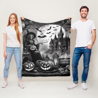Skeleton Witch Pumpkin  Fleece Blanket