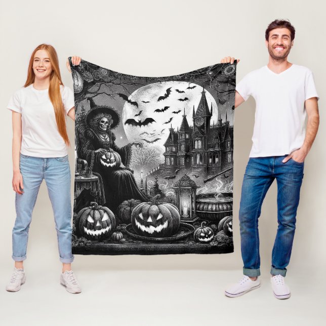 Skeleton Witch Pumpkin  Fleece Blanket (In Situ)
