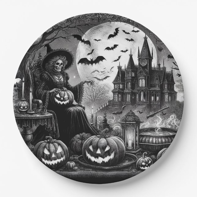 Skeleton Witch Pumpkin  Paper Plate (Front)