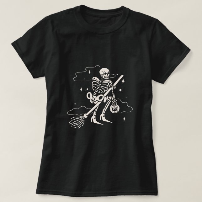 Skeleton Witch Riding Broom Stick, Customisable  T-Shirt (Design Front)