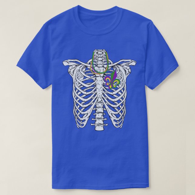 Skeleton With Beads & Fleur De Lis Heart Mardi Gra T-Shirt (Design Front)