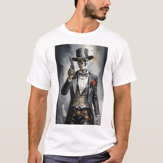 Skeleton with black tuxedo holding a revolver T-Shirt (Front)