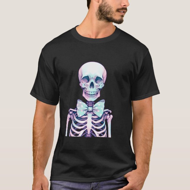 Skeleton with Coquette Bow Pastel Goth Halloween T-Shirt (Front)
