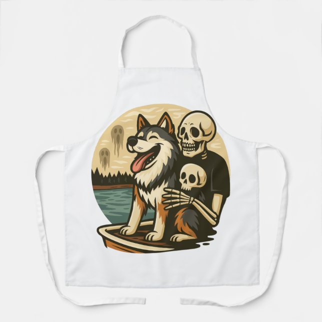 Skeleton with Dog on Haunted Lake Horror Art Apron (Front)