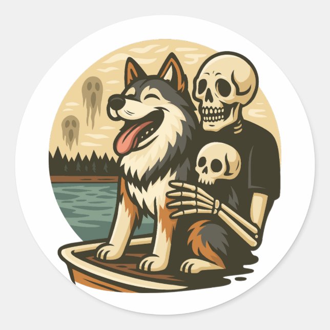 Skeleton with Dog on Haunted Lake Horror Art Classic Round Sticker (Front)