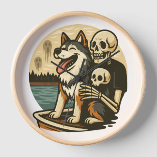 Skeleton with Dog on Haunted Lake Horror Art Clock