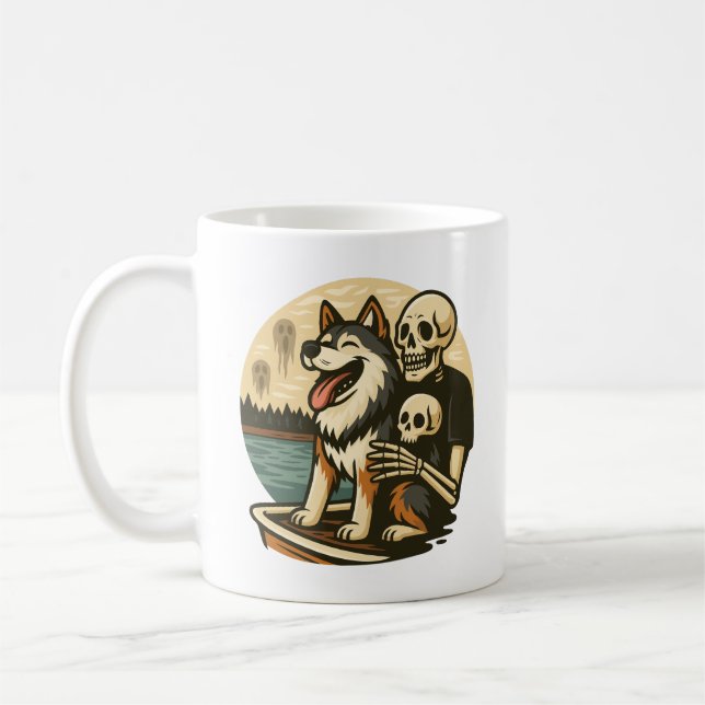 Skeleton with Dog on Haunted Lake Horror Art Coffee Mug (Left)