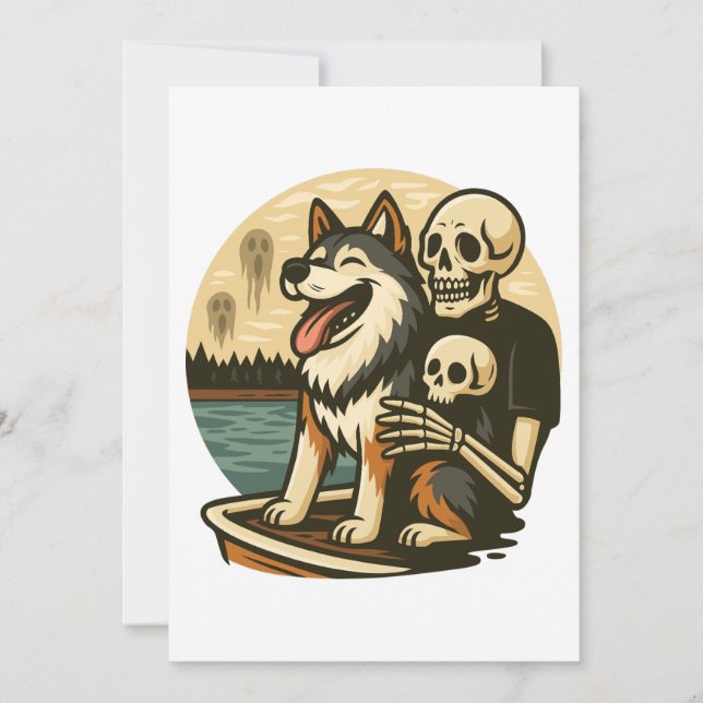 Skeleton with Dog on Haunted Lake Horror Art Invitation (Front)