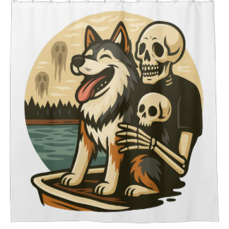 Skeleton with Dog on Haunted Lake Horror Art Shower Curtain
