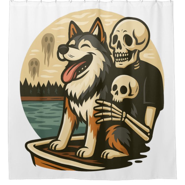 Skeleton with Dog on Haunted Lake Horror Art Shower Curtain (Front)