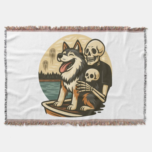Skeleton with Dog on Haunted Lake Horror Art Throw Blanket (Front)