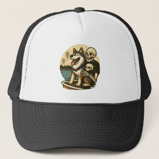 Skeleton with Dog on Haunted Lake Horror Art Trucker Hat